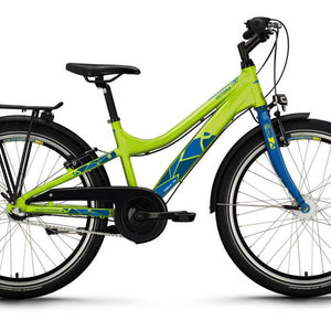 Kinderfahrrad in neon limettengrün mit geometrischen mittelblauen Akzenten, Gepäckträger, Kettenschutzblech und Lichtausstattung, seitliche Ansicht auf weißem Hintergrund