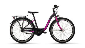 Kinderfahrrad in dunkelgrau mit geometrischen lila Akzenten, seitliche Ansicht auf weißem Hintergrund