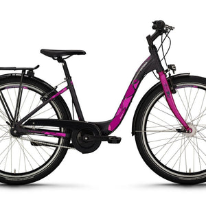 Kinderfahrrad in dunkelgrau mit geometrischen lila Akzenten, seitliche Ansicht auf weißem Hintergrund