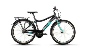 Kinderfahrrad in dunklem grau mit geometrischen türkisen Akzenten, seitliche Ansicht vor weißem Hintergrund