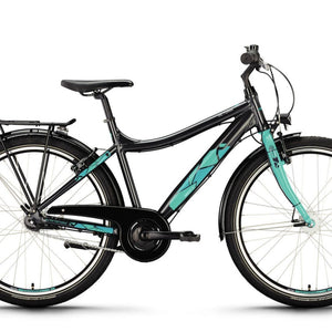 Kinderfahrrad in dunklem grau mit geometrischen türkisen Akzenten, seitliche Ansicht vor weißem Hintergrund