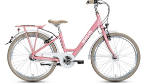 Grecos Kinderfahrrad in hellem Rosa mit beige-weißer Ausstattung, Rücktrittbremse, 24 Zoll, Gepäckträger, Lichtausstattung und Kettenschutz, seitliche Ansicht vor weißem Hintergrund