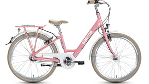 Grecos Kinderfahrrad in hellem Rosa mit beige-weißer Ausstattung, Rücktrittbremse, 24 Zoll, Gepäckträger, Lichtausstattung und Kettenschutz, seitliche Ansicht vor weißem Hintergrund