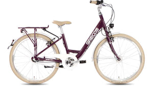 Grecos Kinderfahrrad in Violett mit beige-weißer Ausstattung, Rücktrittbremse, 24 Zoll, Gepäckträger, Kettenschutz und Licht, seitliche Ansicht vor weißem Hintergrund