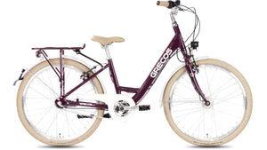 Grecos Kinderfahrrad in Violett mit beige-weißer Ausstattung, Rücktrittbremse, 24 Zoll, Gepäckträger, Kettenschutz und Licht, seitliche Ansicht vor weißem Hintergrund