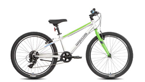 Grecos Kinder Mountainbike in silber mit hellgrünen und blauen Details, 24 Zoll, seitliche Ansicht vor weißem Hintergrund