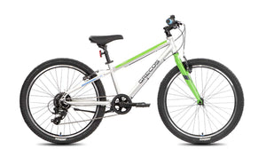 Grecos Kinder Mountainbike in silber mit hellgrünen und blauen Details, 24 Zoll, seitliche Ansicht vor weißem Hintergrund