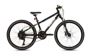 Grecos Kinderfahrrad Mountainbike in schwarz mit grünen und blauen Details und weißer "Grecos" Aufschrift, 24 Zoll, seitliche Ansicht vor weißem Hintergrund