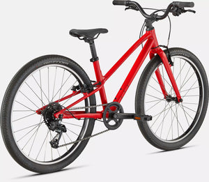 Kinderfahrrad in glänzendem rot, schräge Ansicht von Hinten auf weißem Hintergrund